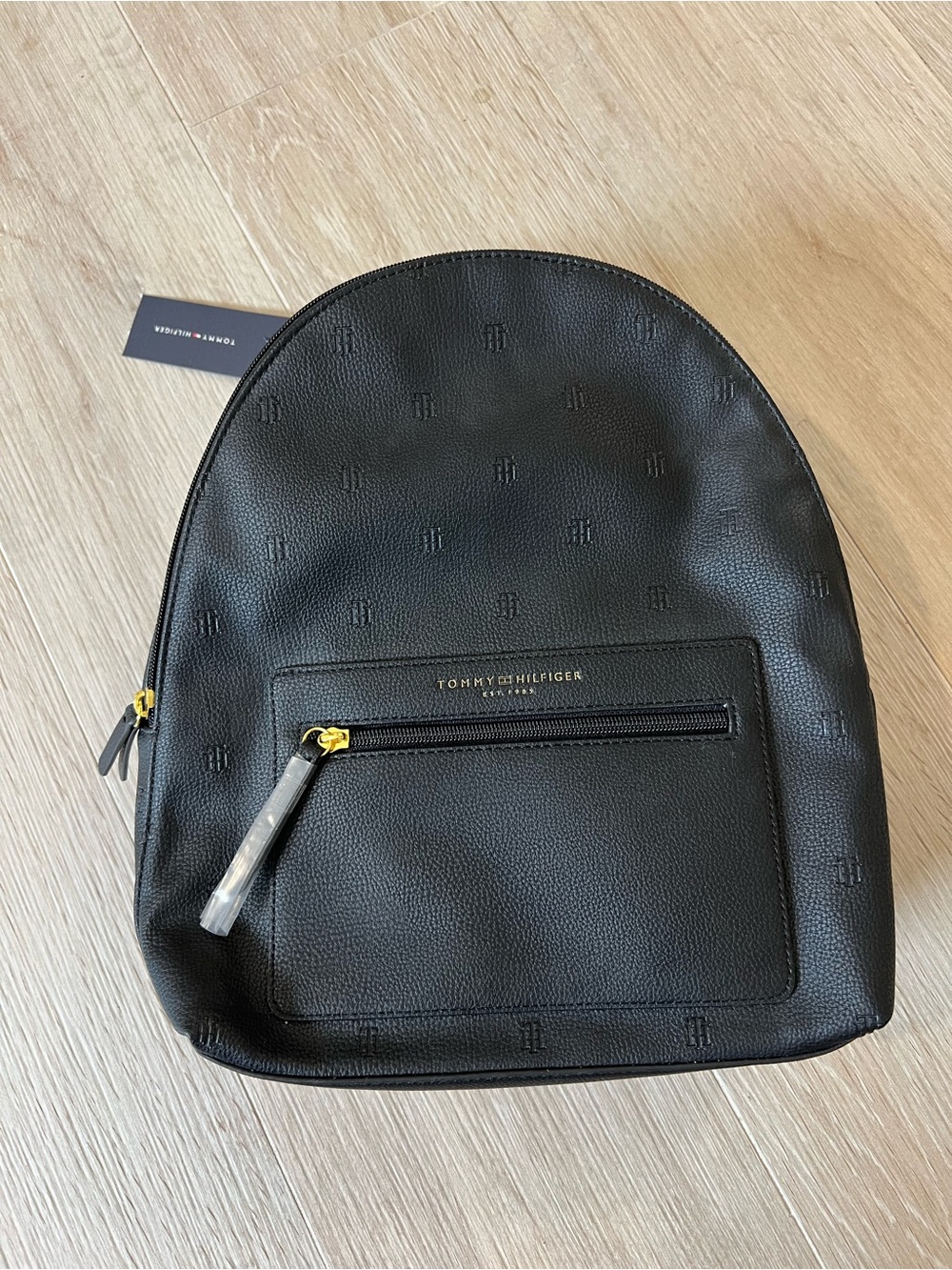 Tommy Hilfiger Black Embossed Logo Backpack with Gold-Tone Accents